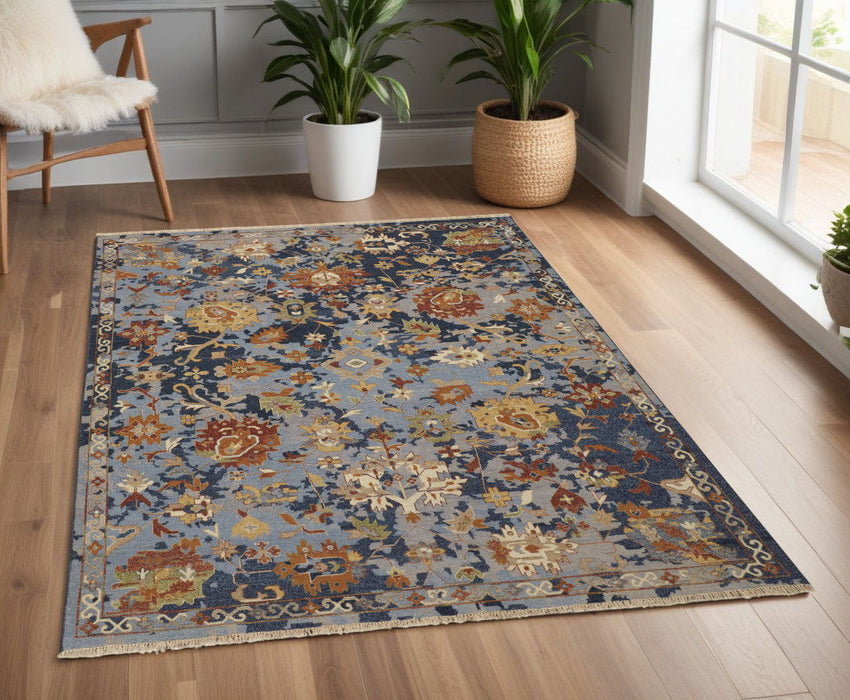4' x 6' Wool Floral Hand Knotted Area Rug With Fringe - Blue Gray And Red