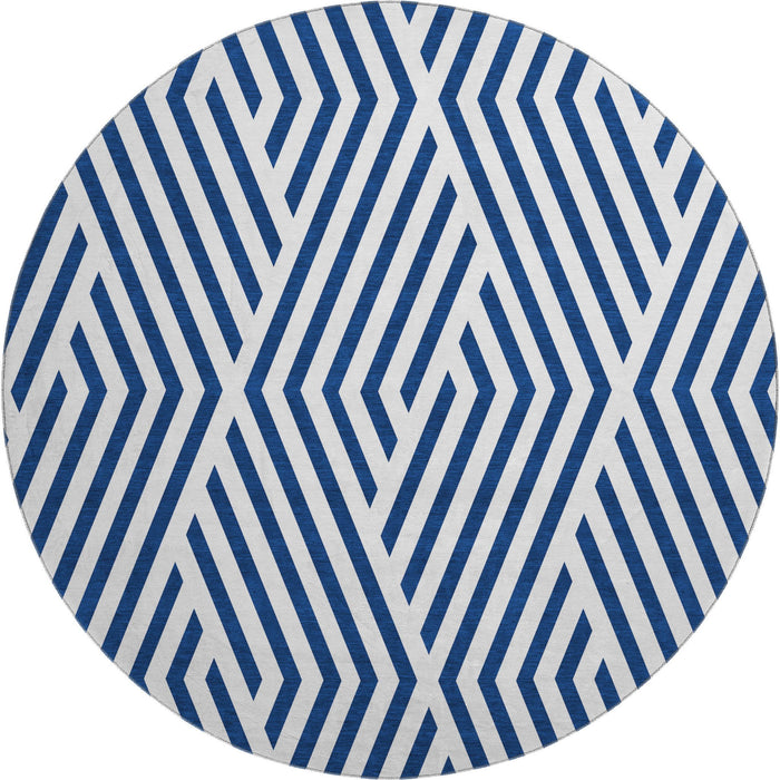 8' Geometric Washable Round Rug With UV Protection (648565) - Navy Blue / Ivory