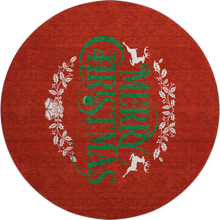 8' Christmas Washable Round Rug With UV Protection (646436) - Ruby Red / Green / Ivory