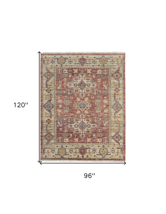 8' x 10' Wool Oriental Hand Knotted Area Rug With Fringe - Ivory Red And Gold