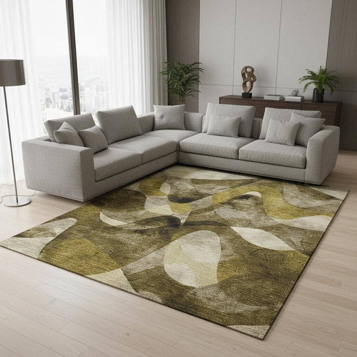 9' X 12' Abstract Washable Area Rug With UV Protection (648075) - Coffee / Gold / Ivory