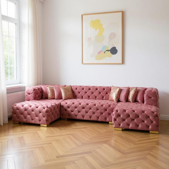 Tufted Velvet Modular U Shaped Sofa Chaise Sectional With Toss Pillows - Pink