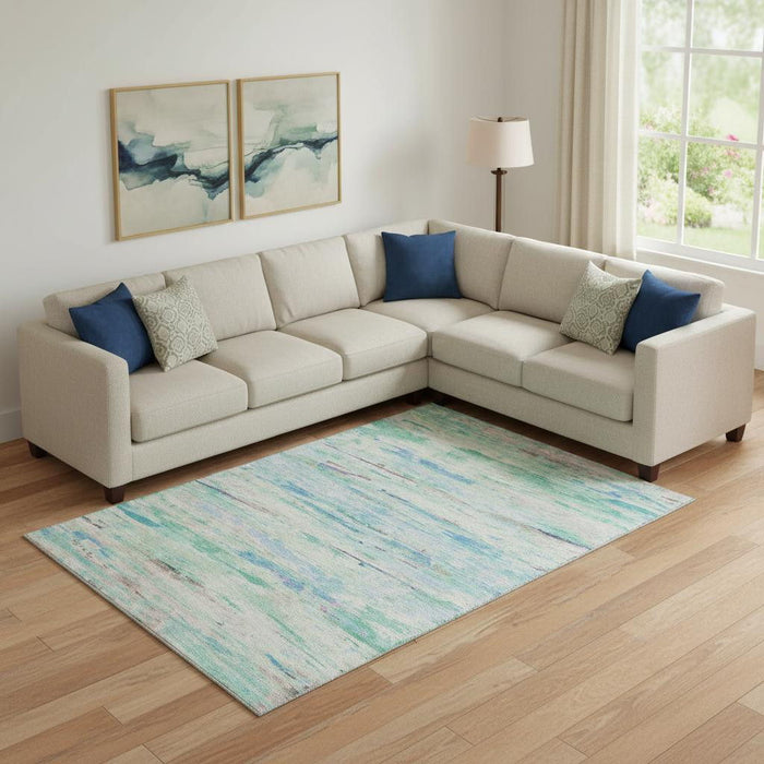 10' X 14' Abstract Washable Area Rug With UV Protection (710154) - Teal / Ivory