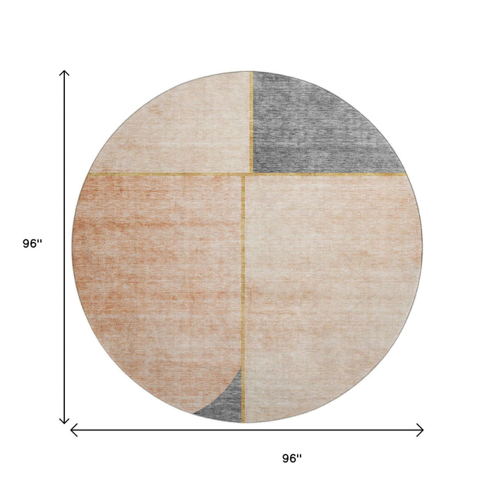 8' Geometric Washable Round Rug With UV Protection (657494) - Coral / Gray / Gold