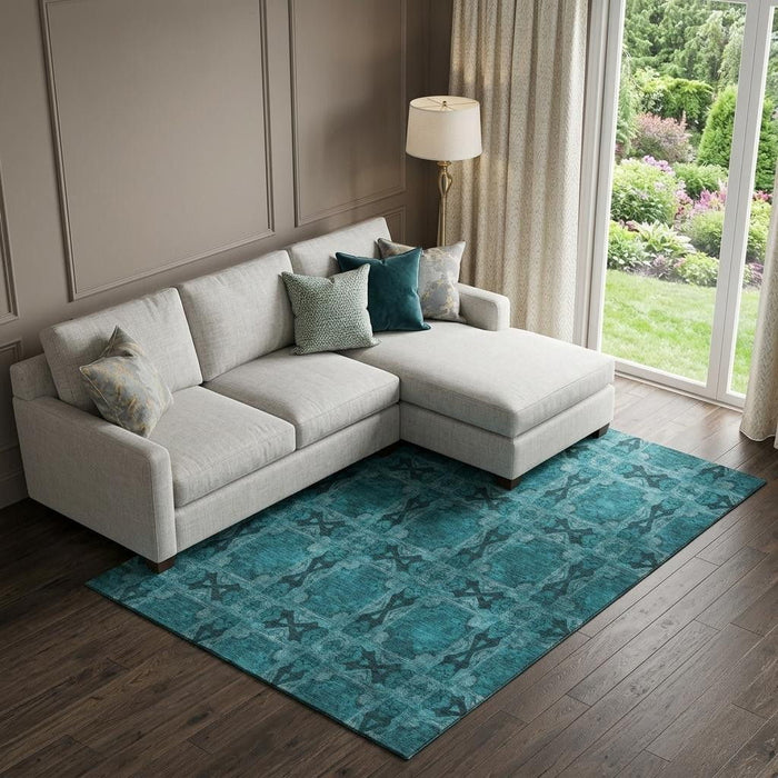 10' X 14' Floral Medallion Washable Area Rug With UV Protection (649522) - Teal / Gray