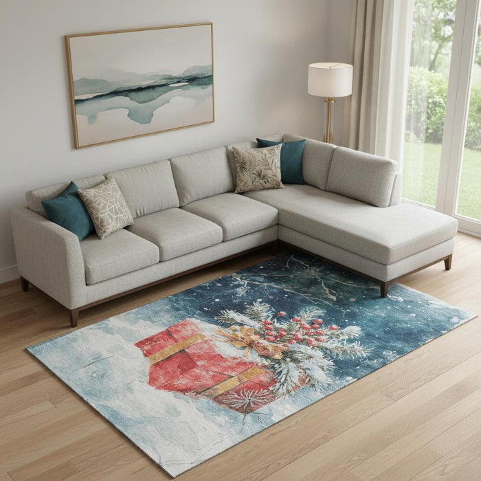 10' X 14' Geometric Washable Area Rug With UV Protection (701623) - Blue / Red / Ivory