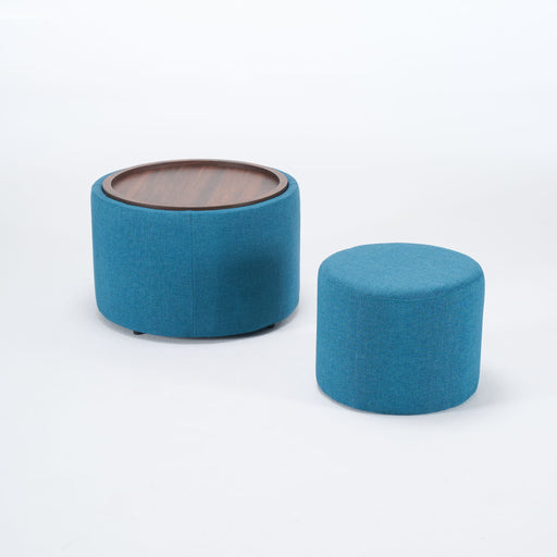Set of two Giga nesting ottomans, round coffee table, and bench with tray from a 3-piece living room set, featuring modern, versatile furniture.