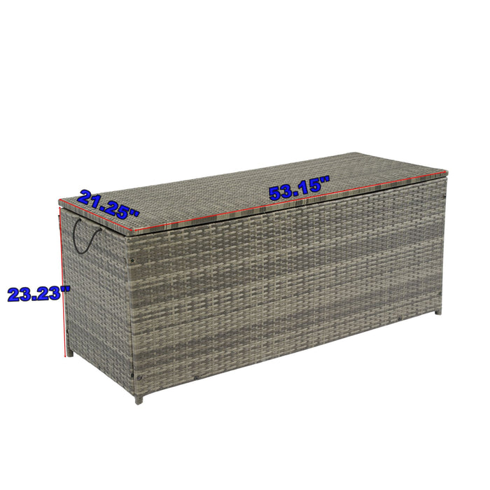 Giga outdoor wicker storage box with lid, ideal for patio cushions, kids toys, towels, and outdoor pillows.