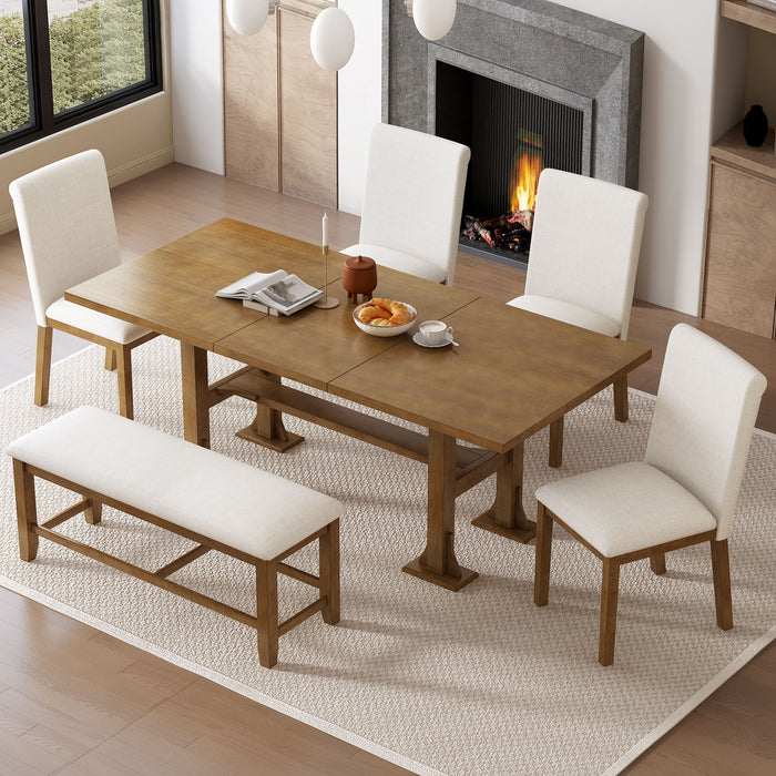 Giga Topmax 6-piece farmhouse extendable dining table set with trestle base, removable leaf, upholstered chairs, and matching bench.