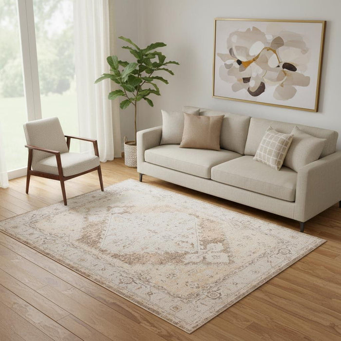 5' X 7' Floral Distressed Area Rug (554962) - Beige / Brown