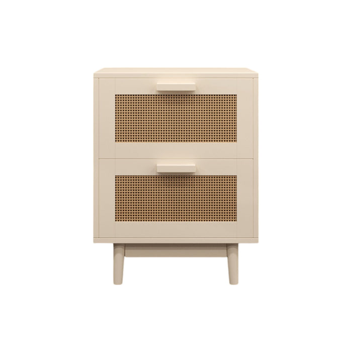 Giga antique natural rattan accent nightstand with two drawers and storage space for bedroom organization.