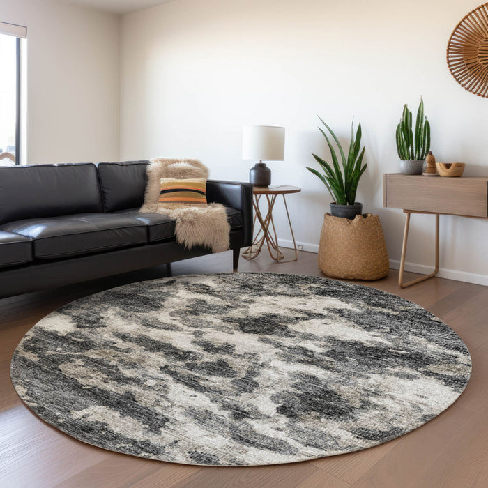 8' Abstract Washable Round Rug With UV Protection - Black And Ivory