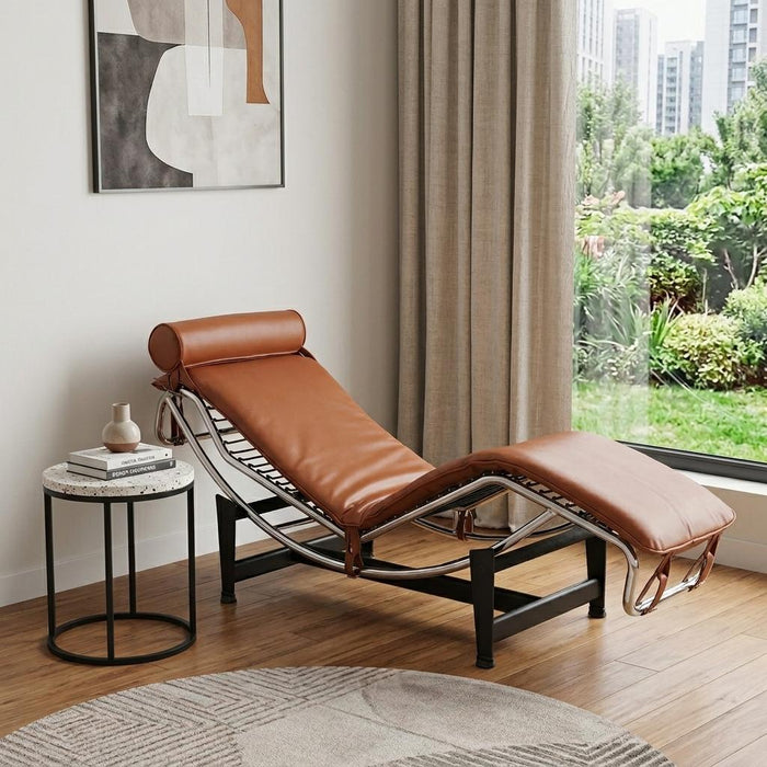Leather Adjustable Lounge Chair With Pillow - Brown / Black / Silver