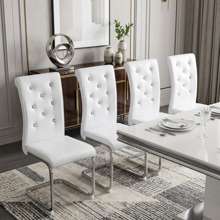 Faux Leather Metal Dining Side Chairs (Set of 4) - White / Silver
