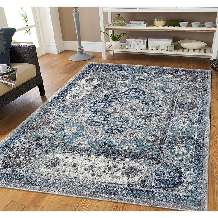 9' x 12' Medallion Power Loom Area Rug - Blue And Gray