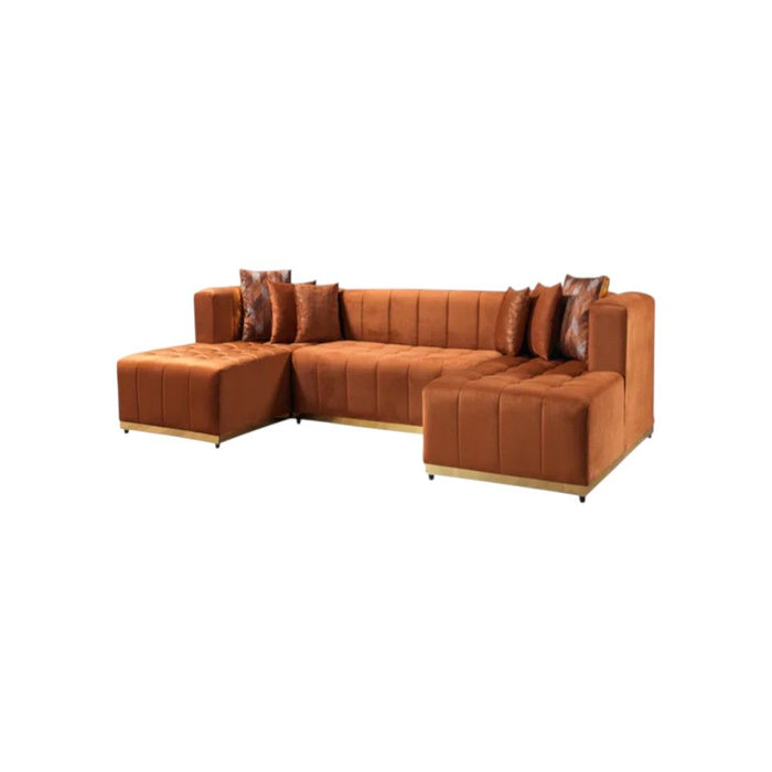 Velvet U Shaped Three Piece Sofa Chaise Sectional With Toss Pillows - Orange