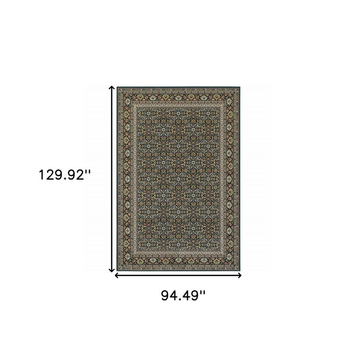 8' x 11' Oriental Power Loom Stain Resistant Area Rug - Navy Blue Green Red Ivory And Yellow