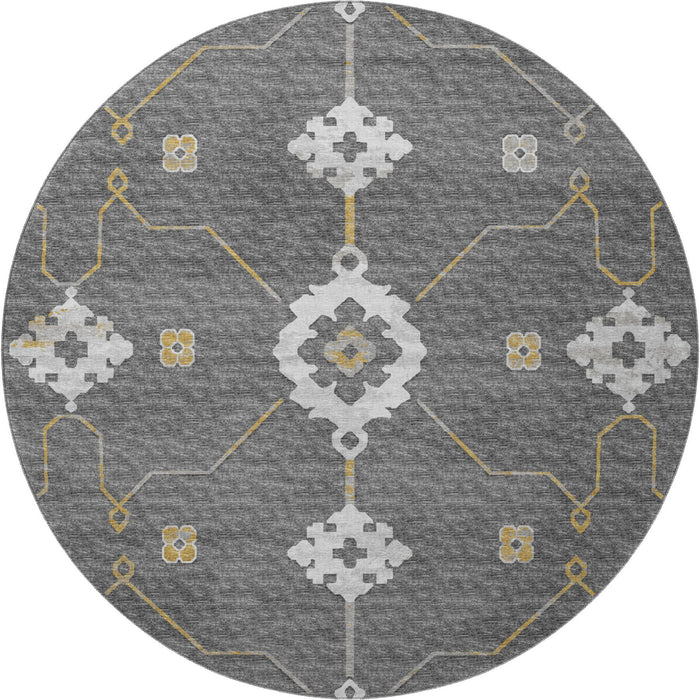 8' Transitional Floral Medallion Washable Round Rug With UV Protection - Gray