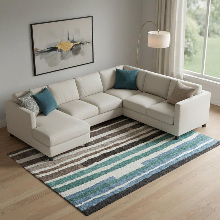 10' X 14' Striped Washable Area Rug With UV Protection (709486) - Brown / Teal / Ivory