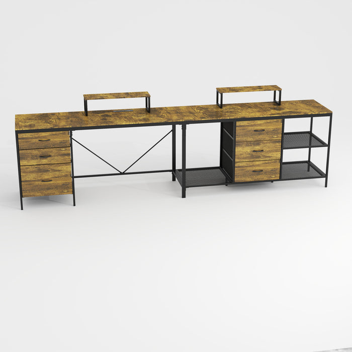 Giga industrial L-shaped brown corner desk with power hub, six drawers, and adjustable monitor stands for ergonomic workspace.