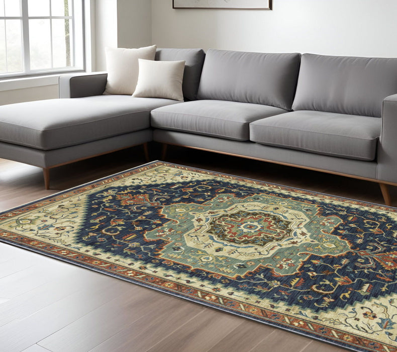 10' X 13' Oriental Area Rug With Fringe - Blue And Orange