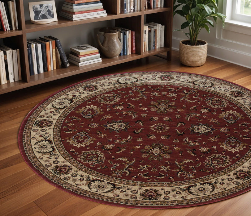 8' Traditional Oriental Round Rug - Red And Ivory