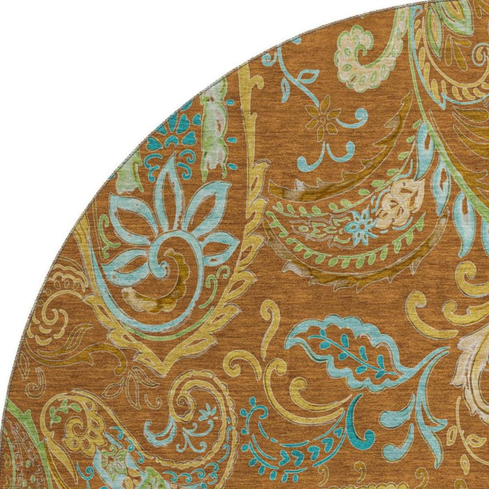 8' Paisley Washable Round Rug With UV Protection (647989) - Rust / Blue / Green