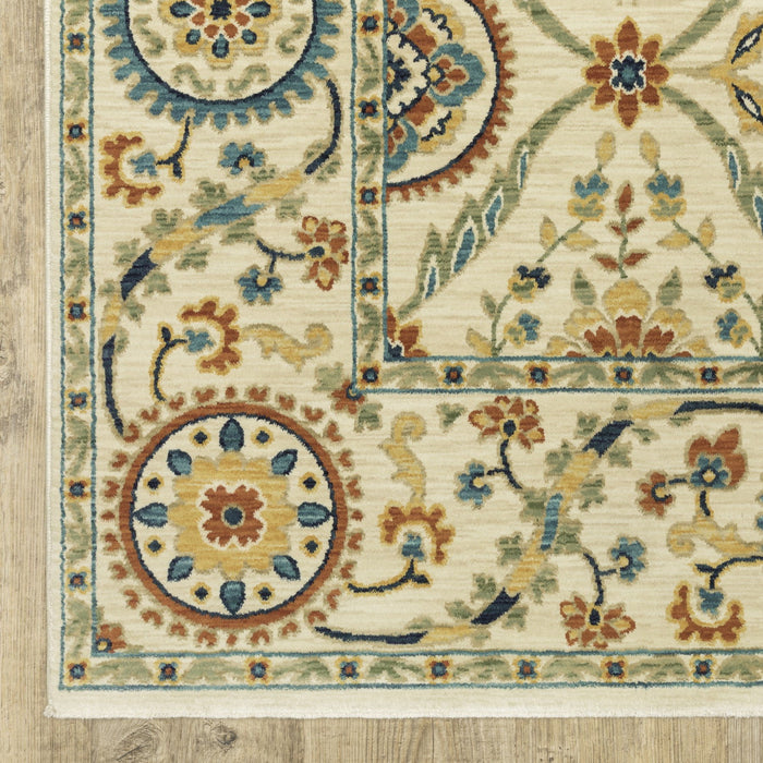 10' X 13' Oriental Area Rug With Fringe (574602) - Ivory / Blue / Red