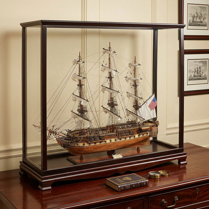 Hand Painted 1797 USS Constitution Large Table Top Display Case Model Boat - Brown