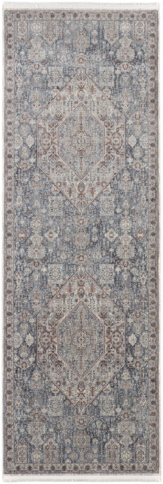 12' Floral Power Loom Runner Rug - Blue And Ivory