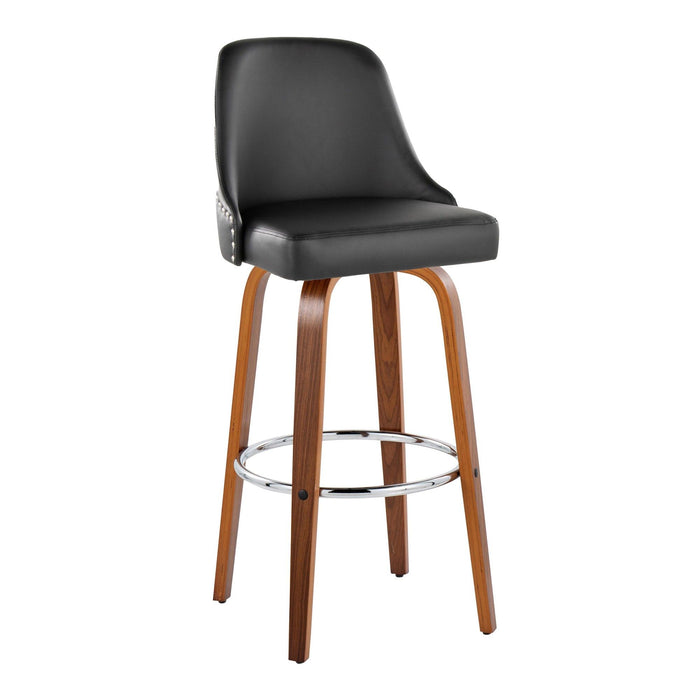 Marcel - 30" Fixed-Height Barstool With Swivel And Round Chrome Metal Footrest (Set of 2) - Walnut Wood And Black Faux Leather With Chrome Nailhead Trim