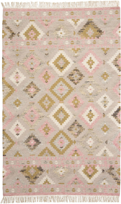 10' x 14' Wool Geometric Dhurrie Flatweave Handmade Area Rug With Fringe - Pink Gold And Taupe