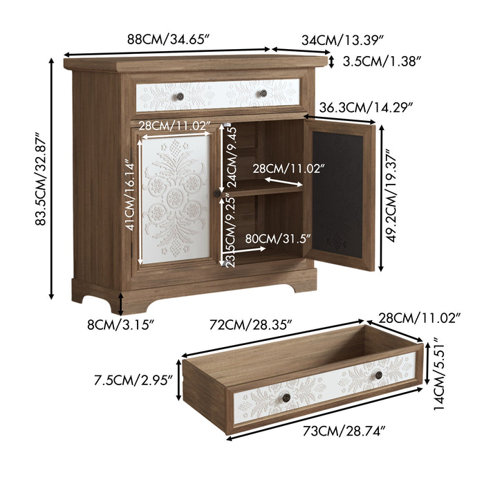 Giga accent cabinet with carved floral panels, double doors, drawer, in antique brown and white, featuring detailed woodworking.