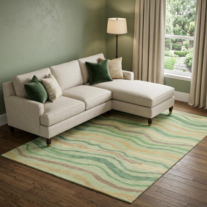 10' X 14' Striped Washable Area Rug With UV Protection (694556) - Green / Wheat / Ivory