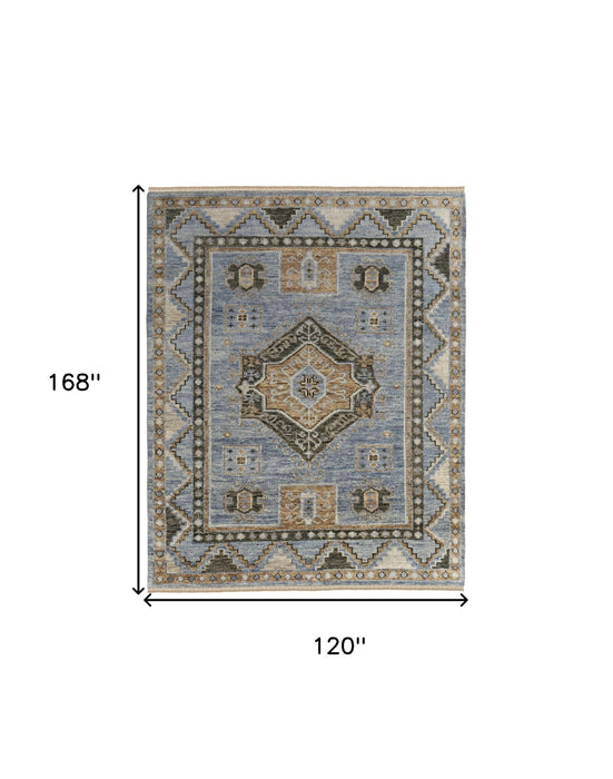 10' x 14' Wool Oriental Hand Knotted Area Rug With Fringe - Ivory Tan And Blue