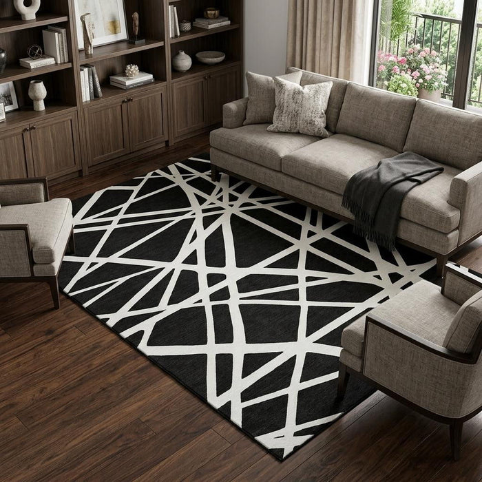 10' X 14' Geometric Washable Area Rug With UV Protection (681575) - Black / Ivory