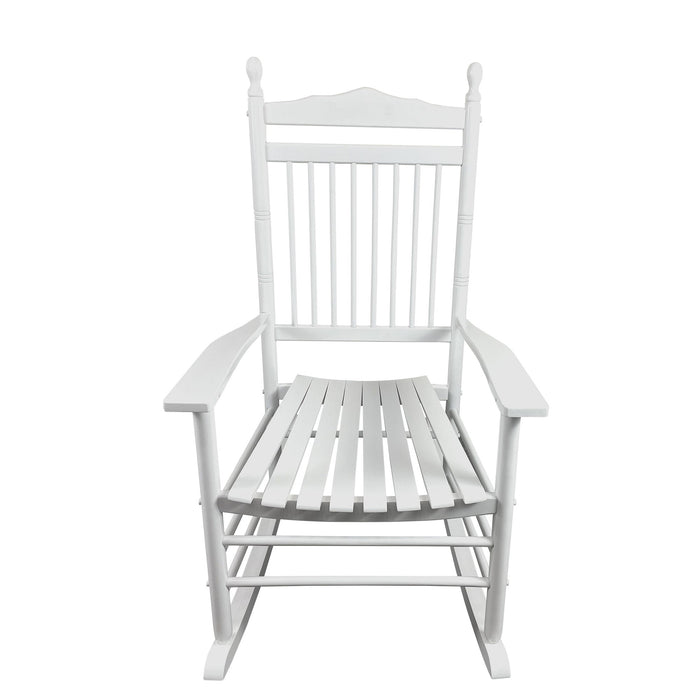 Giga wooden balcony porch adult rocking chair with curved armrests and slatted back for outdoor relaxation.