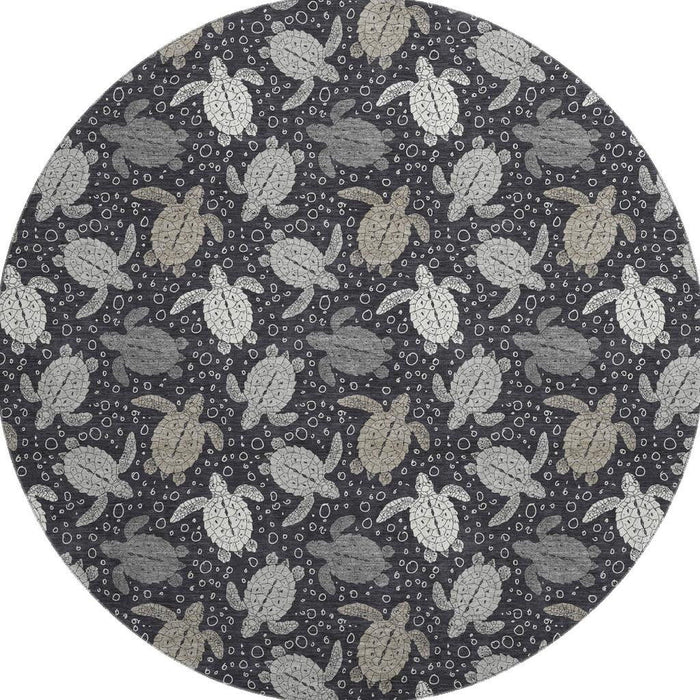 8' Geometric Washable Round Rug With UV Protection (646166) - Midnight / Ivory / Gray