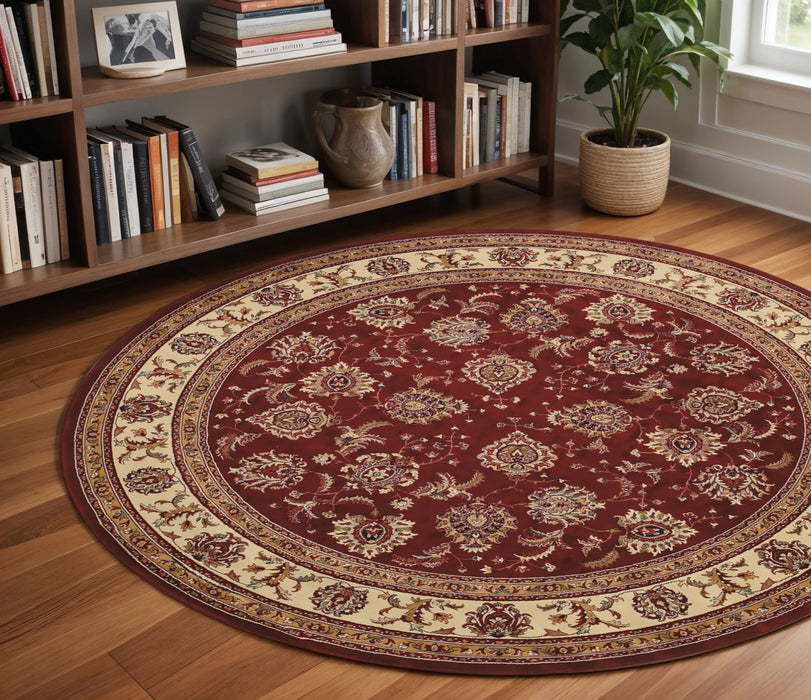 8' Oriental Polypropylene Round Rug - Red And Ivory
