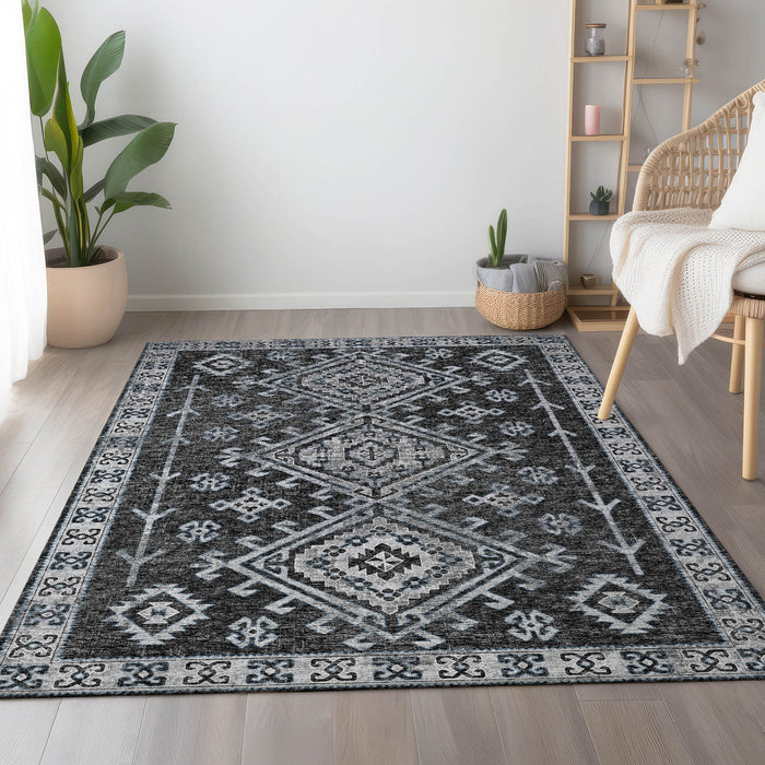 9' X 12' Geometric Washable Area Rug With UV Protection - Graphite And Charcoal