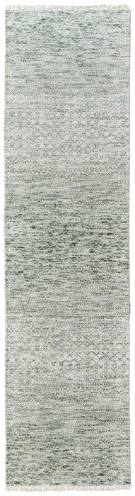 10' Wool Hand Knotted Runner Rug With Fringe - Ivory And Green