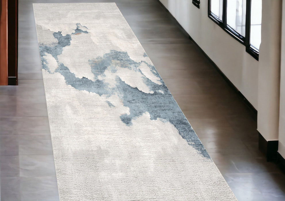 20' x 2.3' Runner Abstract Washable Non Skid Area Rug - Blue And Gray