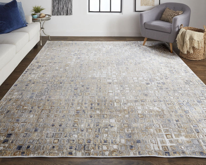 8' x 10' Geometric Power Loom Distressed Area Rug - Tan Ivory And Blue
