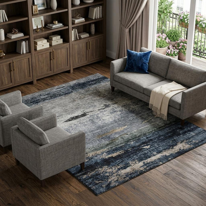 10' X 14' Abstract Washable Area Rug With UV Protection (688291) - Navy Blue / Gray / Silver