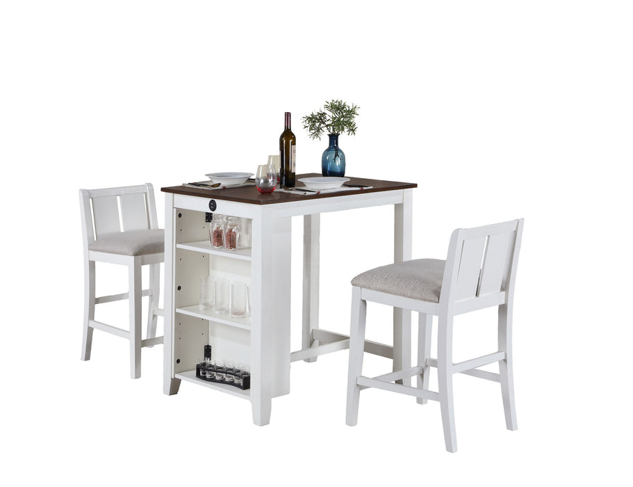 Giga Graham 3-piece small space counter height dining set with shelves and two chairs, ideal for compact dining areas.