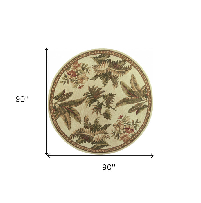 8' Hand Tufted Bordered Tropical Plants Round Indoor Area Rug - Ivory
