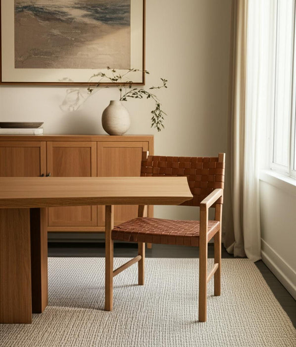 Woven Leather And Solid Wood Dining Arm Chair - Brown