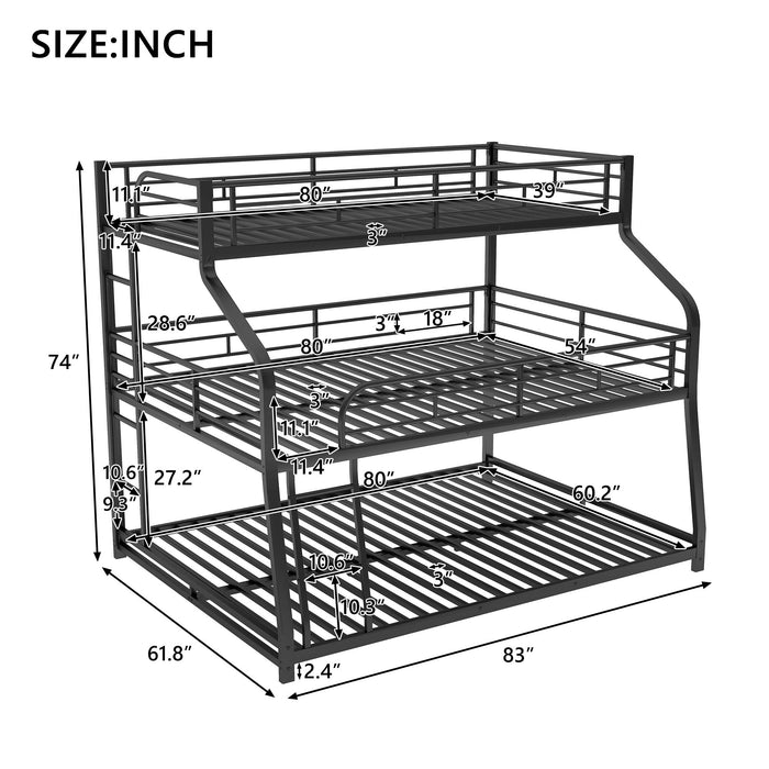 Giga black twin, full, or queen triple bunk bed with ladder and full-length guardrails, showcasing its sturdy structure and safety features.