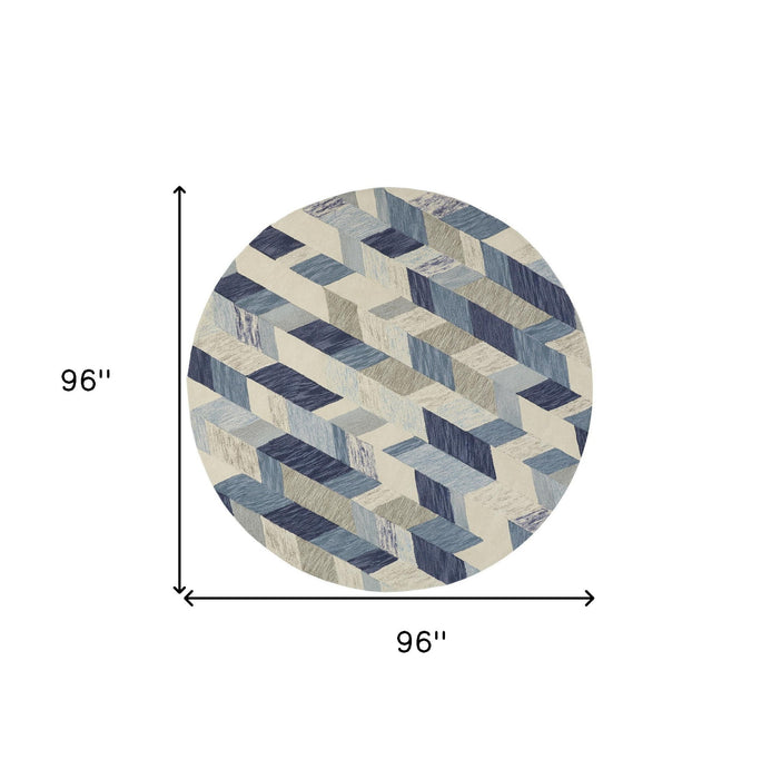 8' Round Wool Geometric Tufted Handmade Area Rug - Blue Ivory And Gray