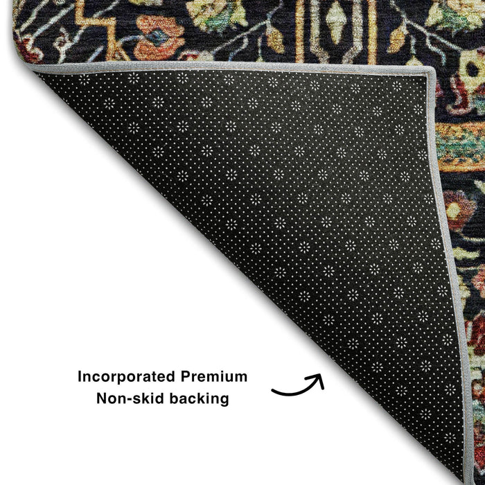 10' X 14' Floral Washable Area Rug With UV Protection (685988) - Black / Gold / Teal / Red